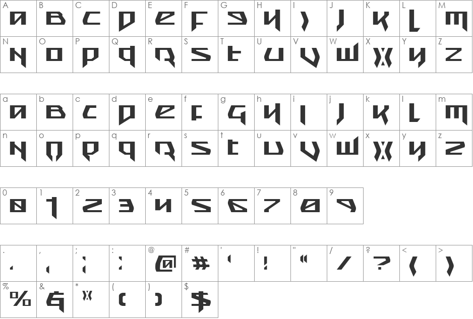 Snubfighter Phaser Italic font character map preview