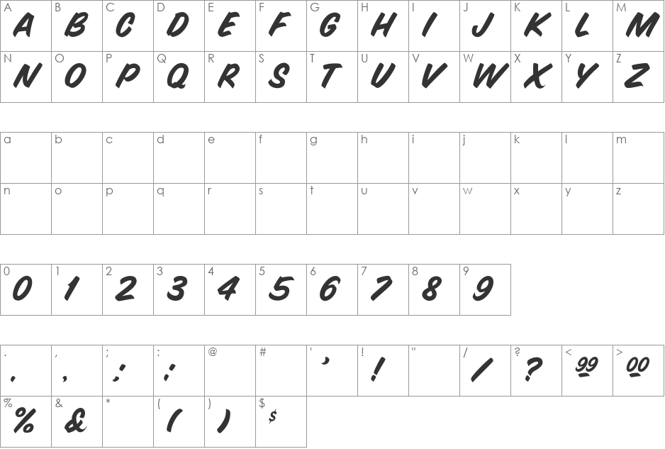 SnyderSpeed font character map preview