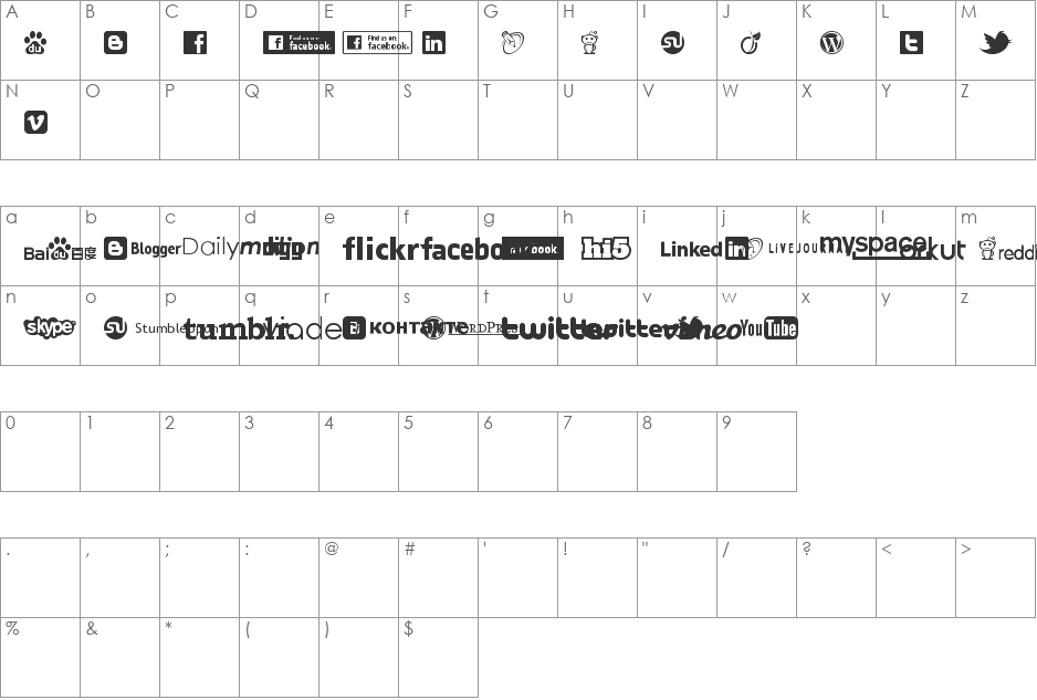 Social Logos font character map preview