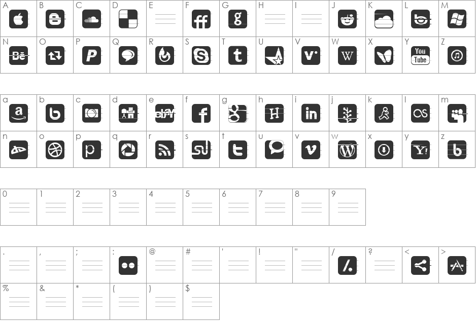 Social Networking Icons font character map preview
