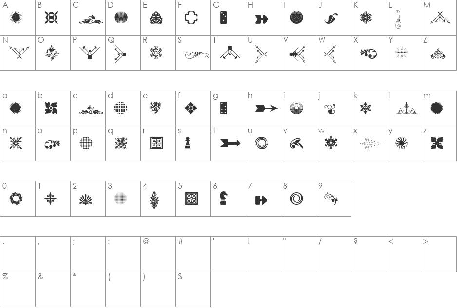 Soft Ornaments Seventeen font character map preview