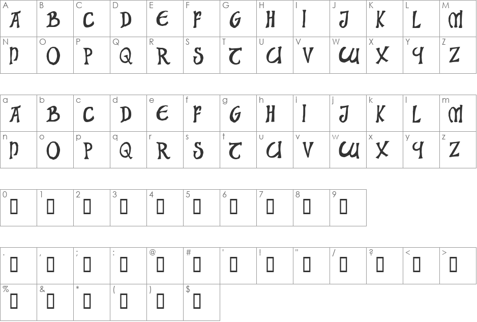 Solar Celtic font character map preview