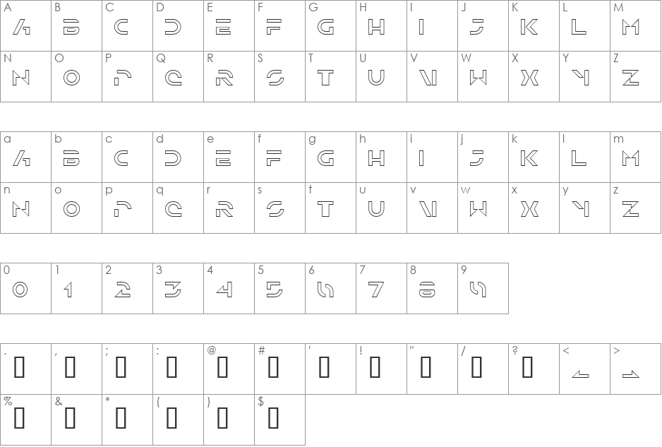 Solar Sailer Outline font character map preview