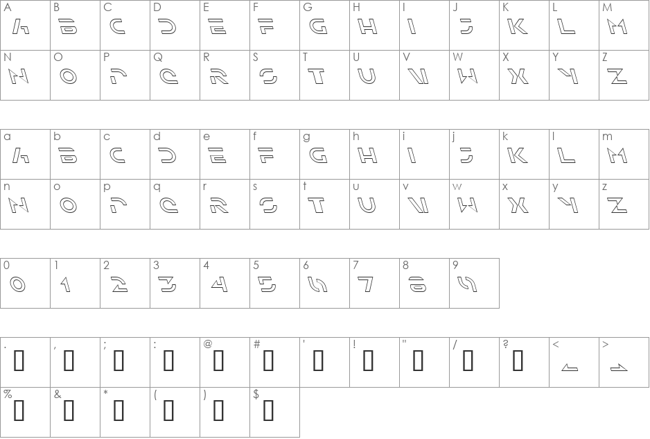 Solar Sailer Outline font character map preview