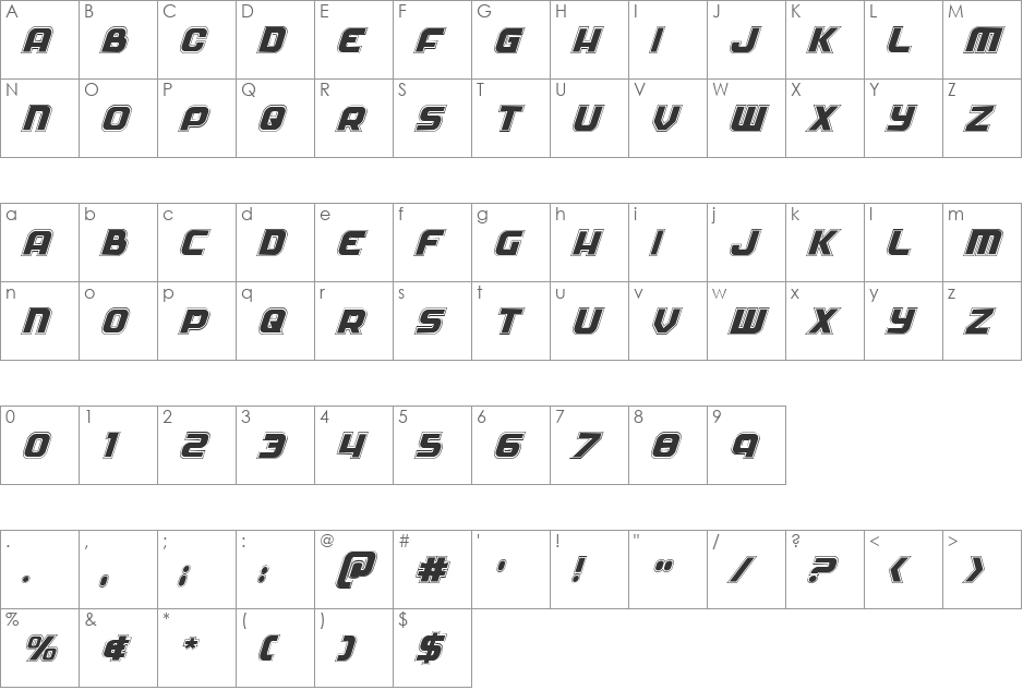 Soldier Academy Italic font character map preview