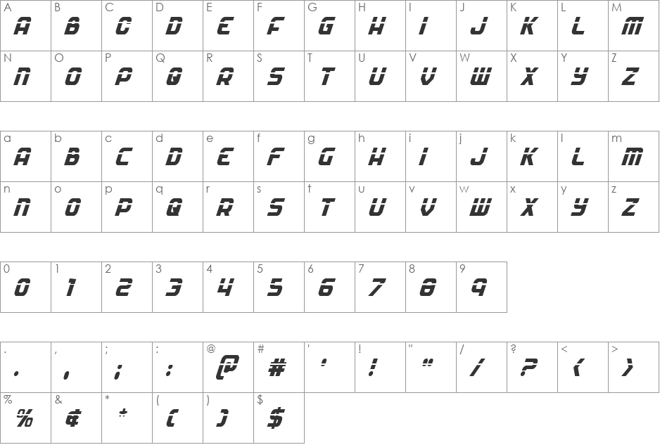 Soldier Laser Condensed Italic font character map preview