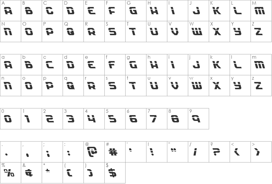 Soldier Laser Leftalic font character map preview