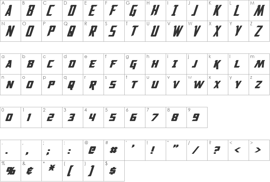 Solitarium Oblique font character map preview