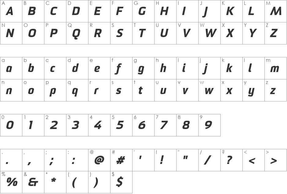 Sommet Heavy Italic font character map preview