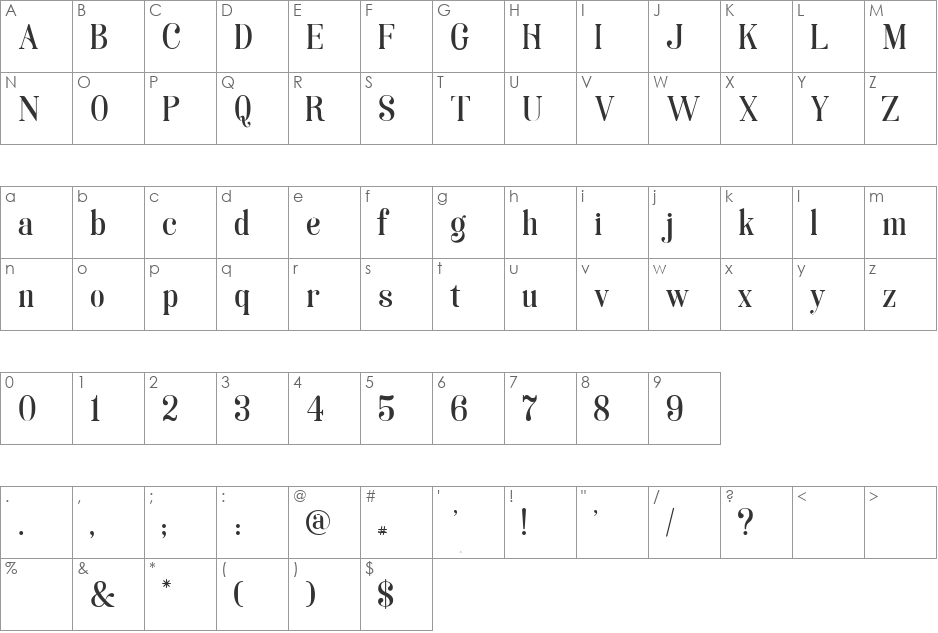 Soria font character map preview