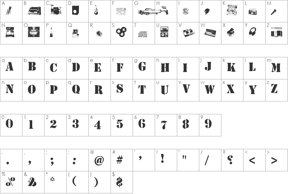 Soundpieces font character map preview