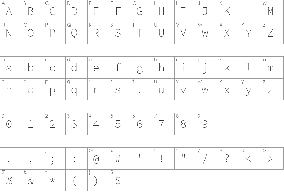 Source Code Pro ExtraLight font character map preview