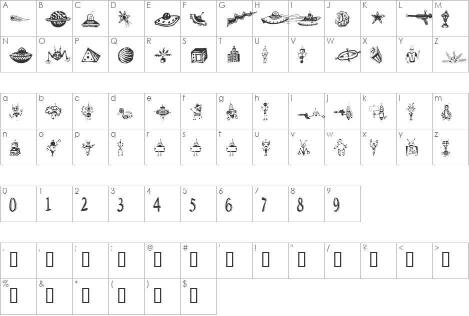 Space Woozies Extras font character map preview