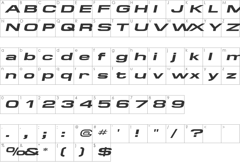 SpaceOutBoldExtended font character map preview