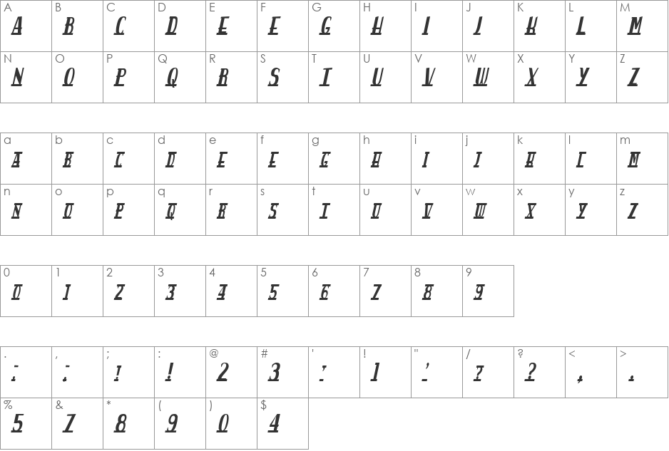 spanky's bungalow italico font character map preview