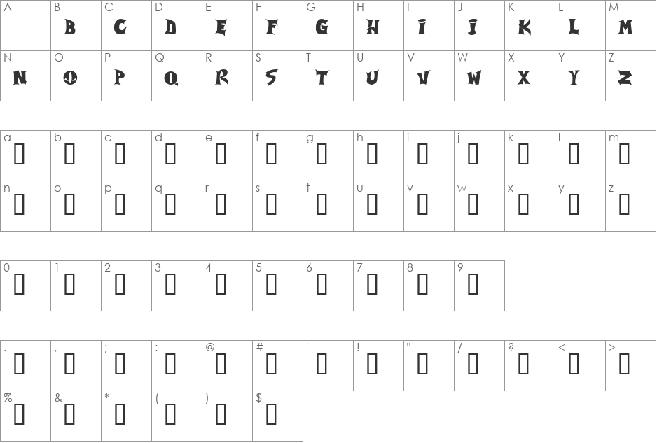 Spawned Shareware font character map preview