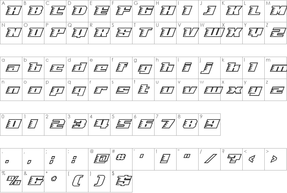 Speedopen font character map preview