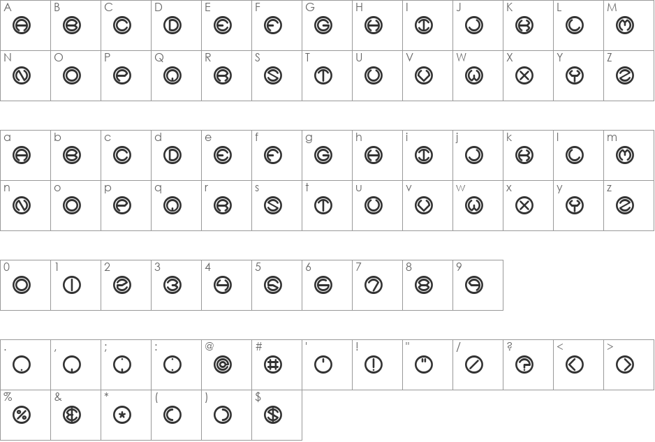 Spheroids BRK font character map preview