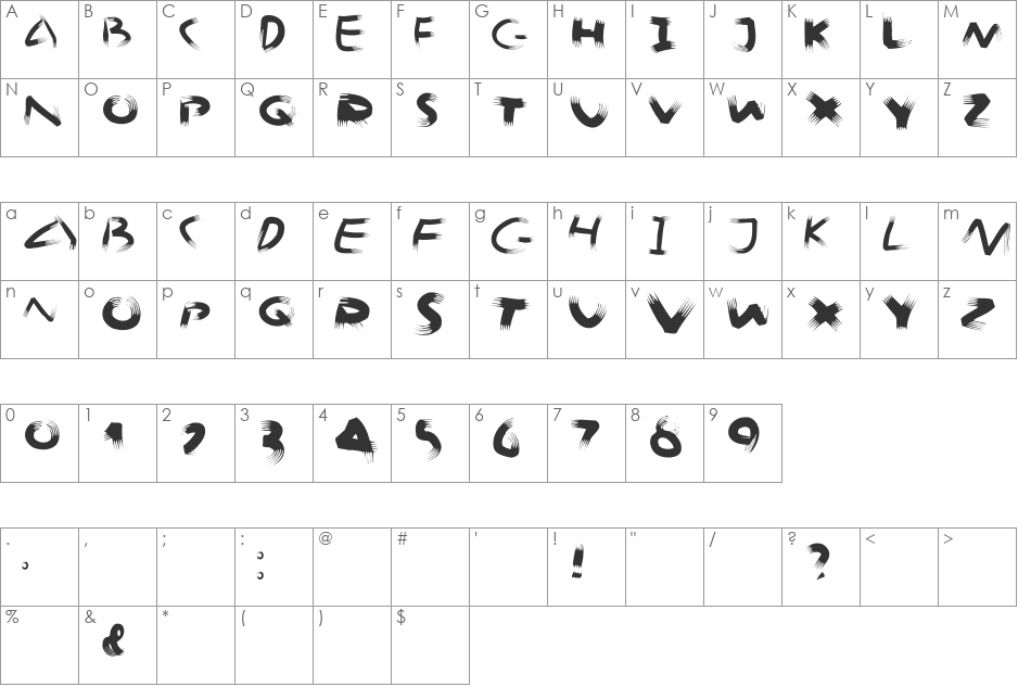 SpikyBrush font character map preview