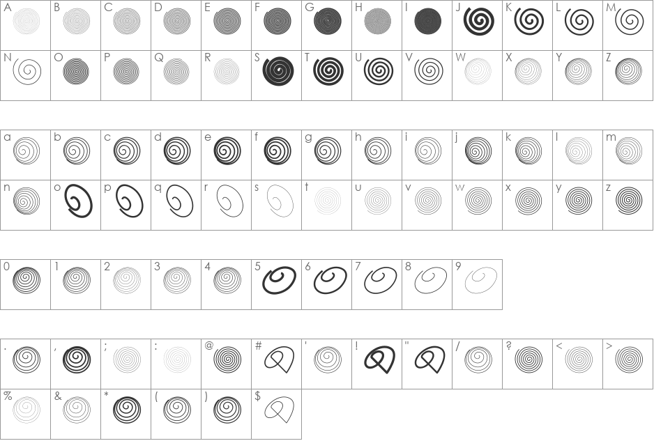 Spiralicus font character map preview