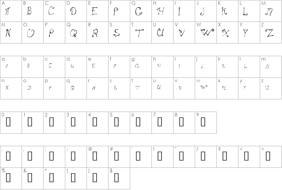 SpitCurl font character map preview