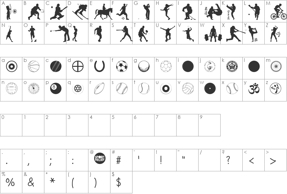 SPORT RELIEF font character map preview