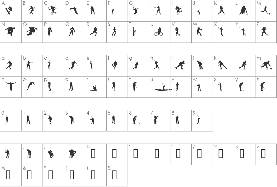 Sport Silhouettes font character map preview
