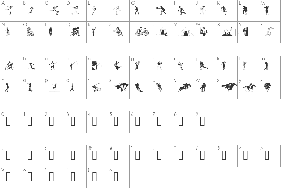 Sports 1 font character map preview