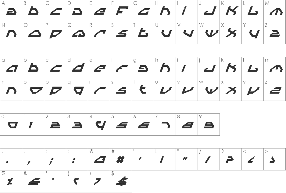 Spylord Italic font character map preview