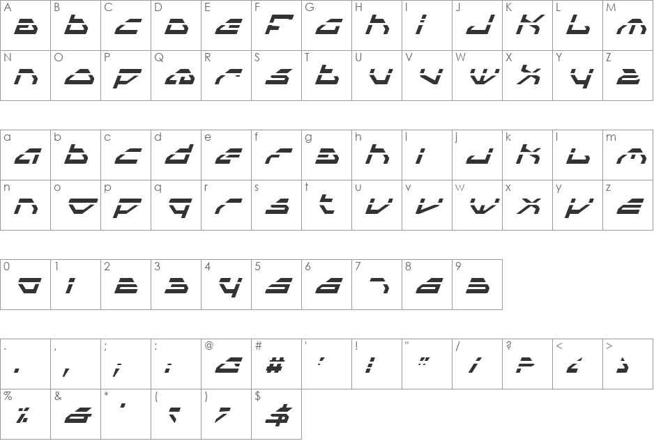 Spylord Laser Italic font character map preview
