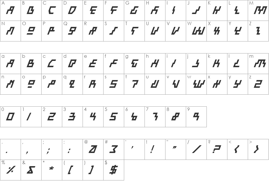 Beam Rider Italic font character map preview