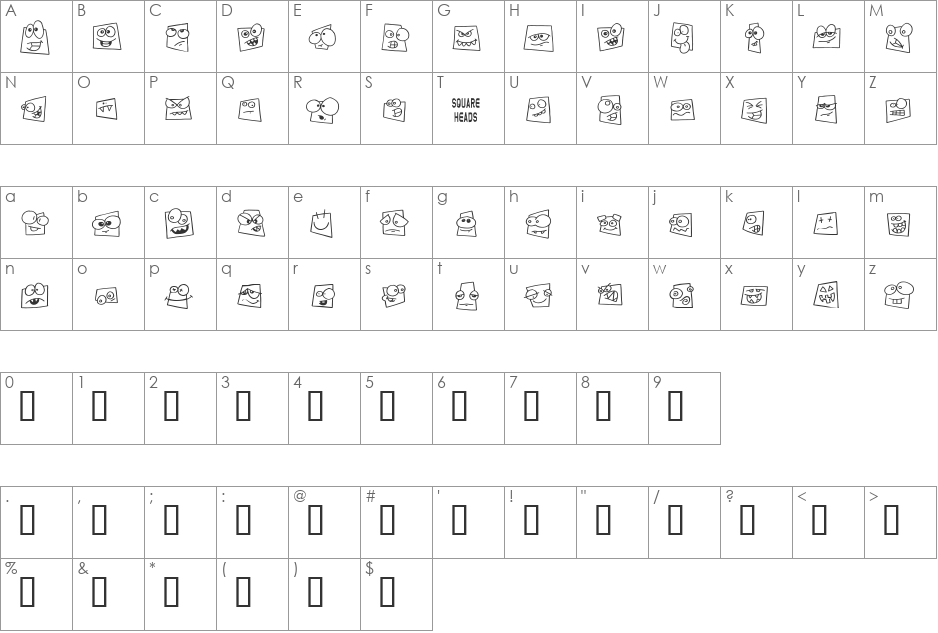 Squareheads font character map preview