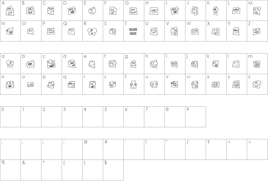Squareheads font character map preview