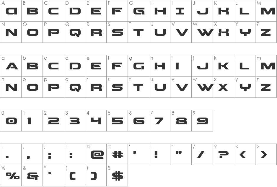 Beam Weapon Expanded font character map preview