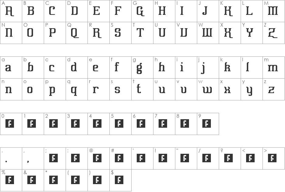 Squiggle serif font character map preview