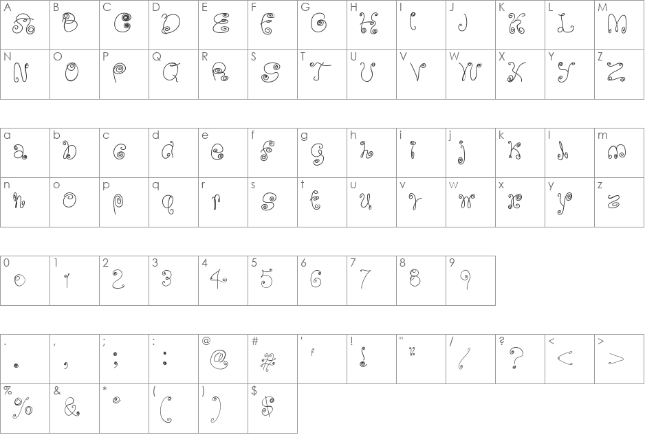 SquigglyLittleWiggly font character map preview