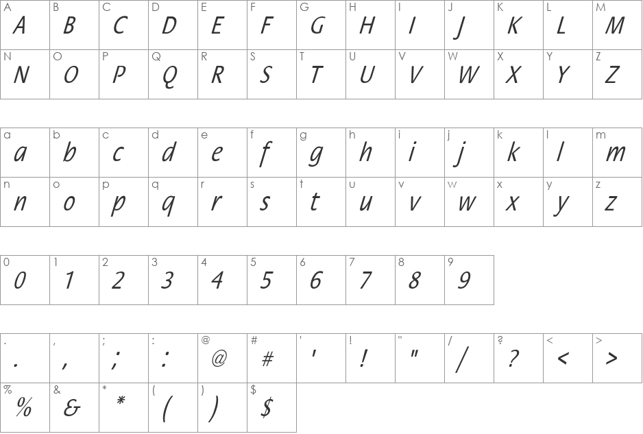 StackCndObl-Nor font character map preview