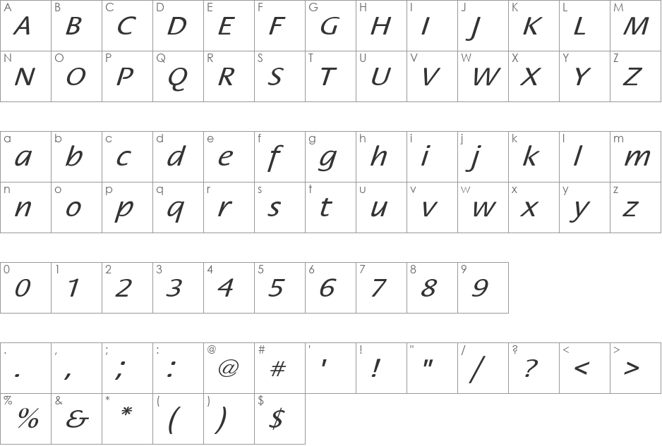 StackExtObl-Nor font character map preview