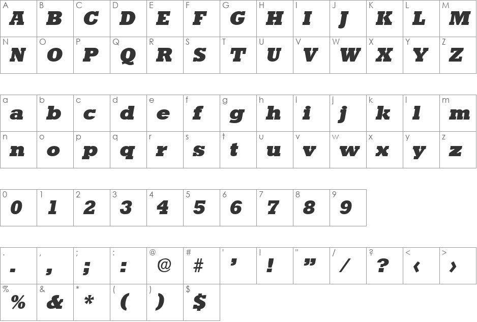 Stafford-ExtraBoldIta font character map preview