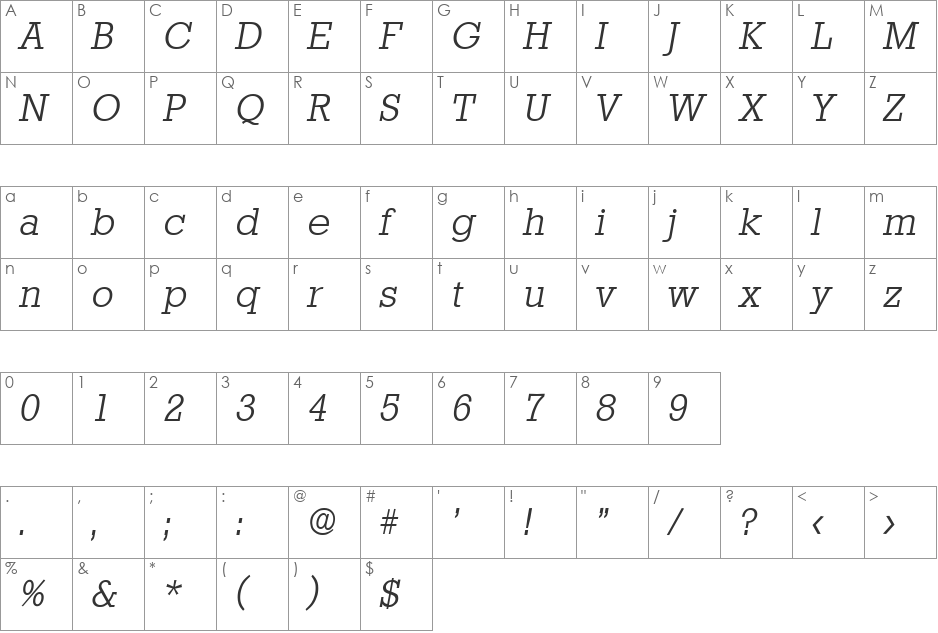Stafford-LightIta font character map preview