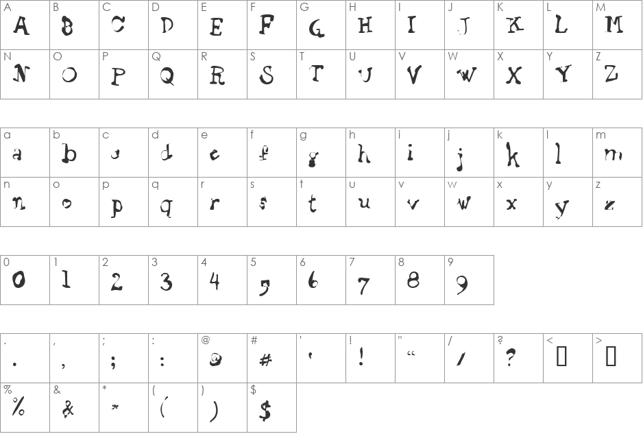 Staggering Bob font character map preview