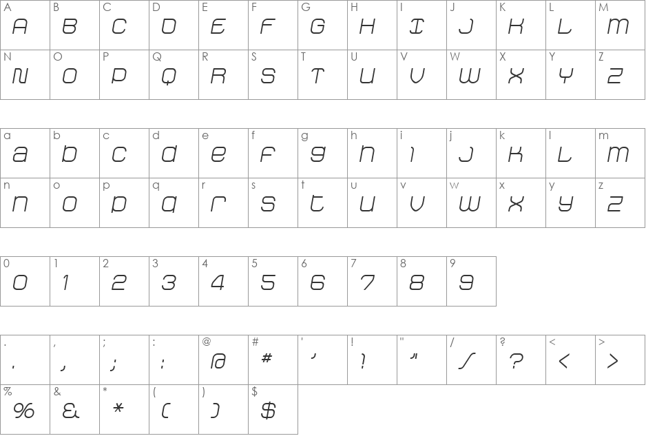 StakRegular Oblique font character map preview