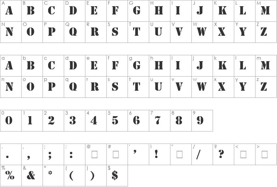 Stamp font character map preview