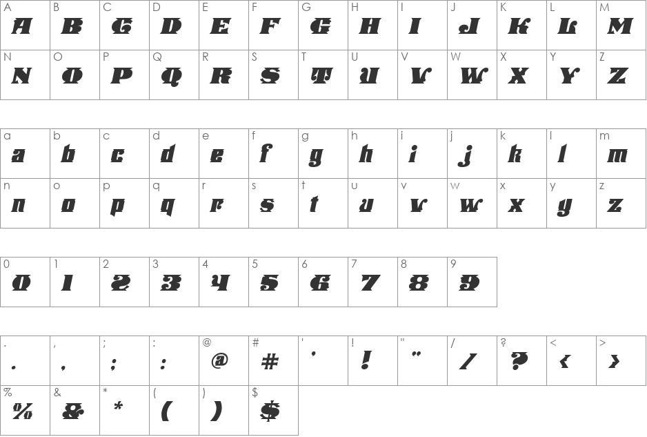 Stampede Italic font character map preview