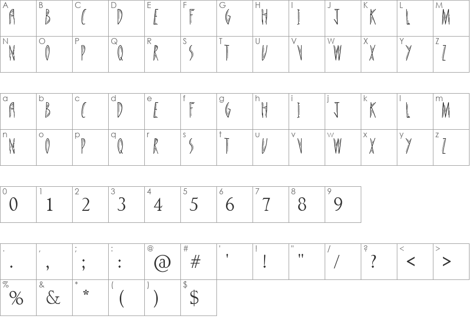 Standing Tall font character map preview