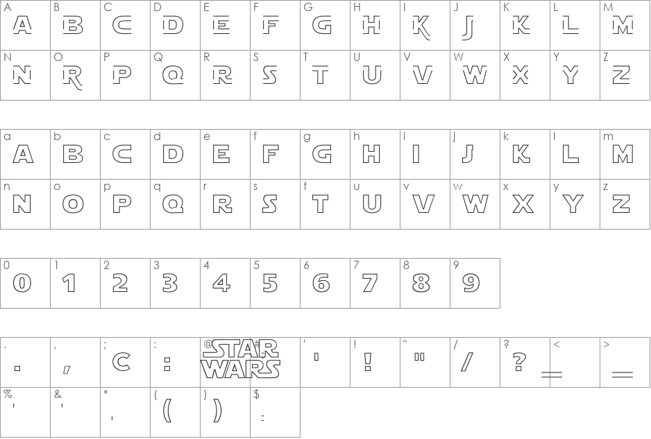 Star Jedi Hollow font character map preview