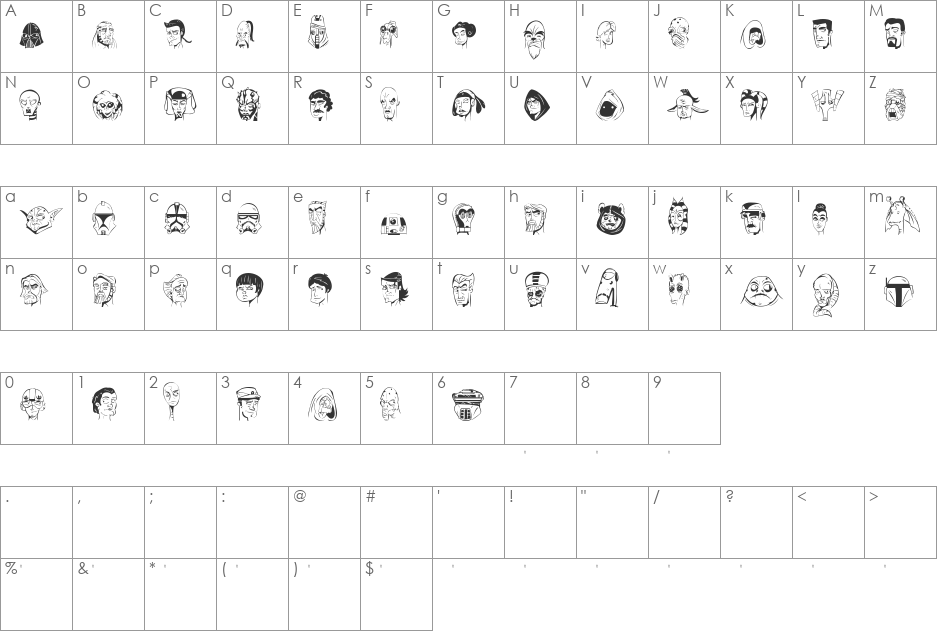 Starbats font character map preview