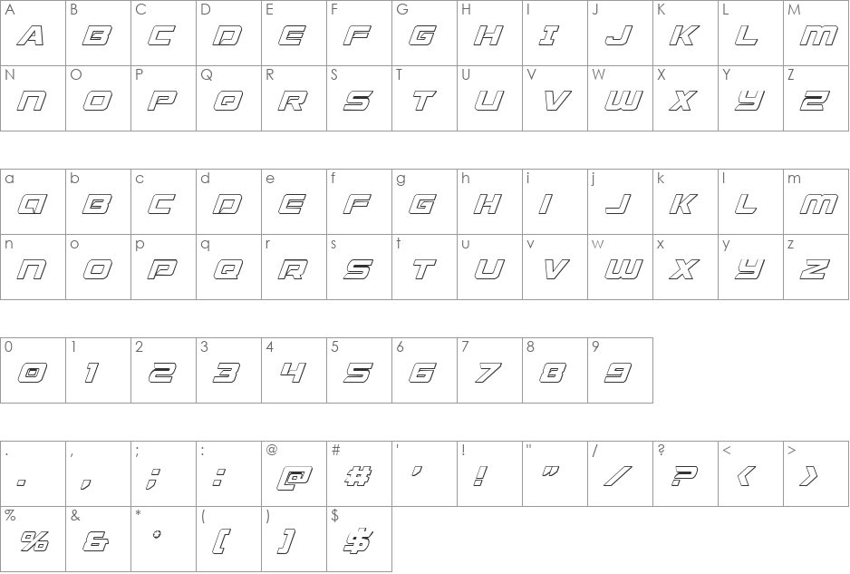 Starduster 3D Italic font character map preview