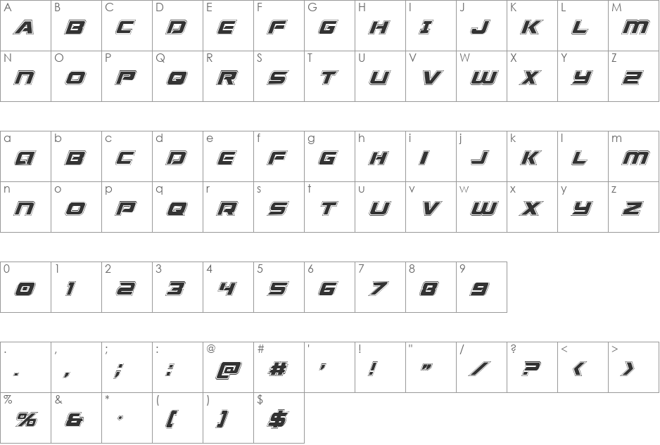 Starduster Academy Italic font character map preview
