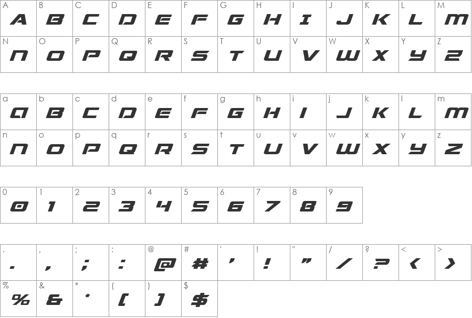 Starduster Expanded Italic font character map preview